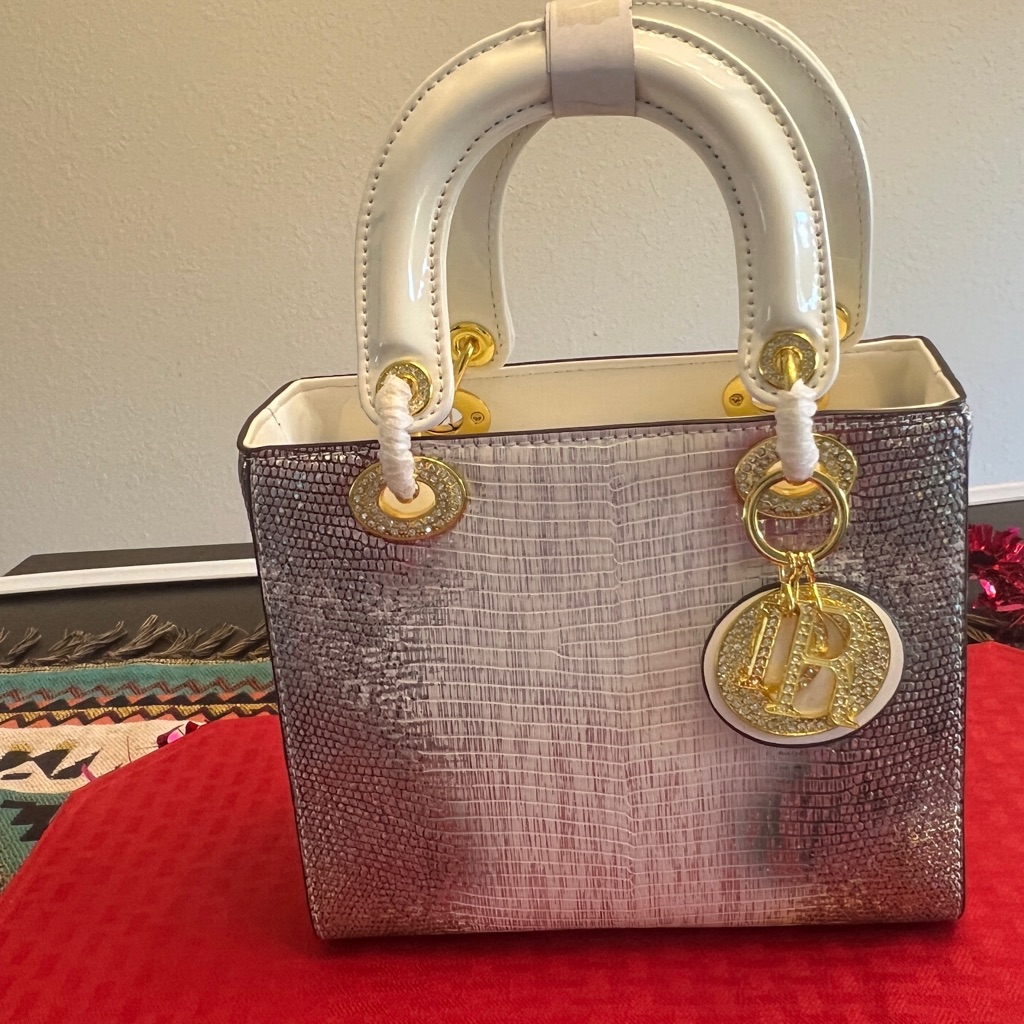Elegant White & Silver Handbag With Rhinestone Loops Around Handle. Leg Caps